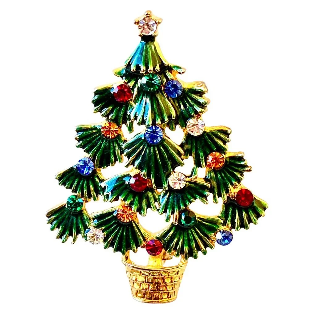 EISENBERG ICE Vintage Christmas Tree Brooch Green Enamel & Rhinestones Signed